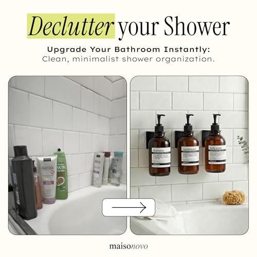 MaisoNovo Shampoo and Conditioner Dispenser|Refillable Amber Black Set of 3 | No Drill Wall Mount - Shower Soap Dispenser · Holds Body Wash or Hand Soap · Wall Soap Dispenser - color: Amber Classic Set of 3