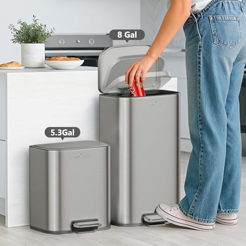 mVm 8 Gal Kitchen Trash Can, Step Trash Can with Lid, Smooth Edge Garbage Bin for Home Office (Tin) - color: Tin, size: 8Gal