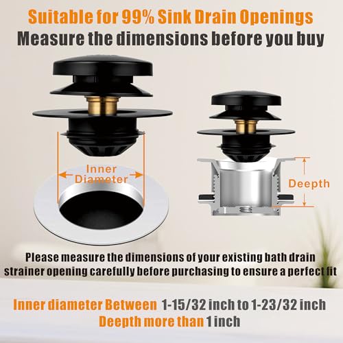 Tub Drain, 2 in 1 Pop-up Bathtub Plug with Hair Catcher | Easy Installation Bath Drain Stopper with Strainer, MATT Black - color: Matt Black