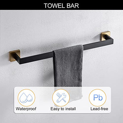 5 Pieces Bathroom Hardware Set Black and Gold Towel Bar Set, Toilet Paper Holder with Shelf, Towel Holder Set in Bathroom, Wall Mounted Stainless Steel, 23.6 Inches - color: Black and Gold