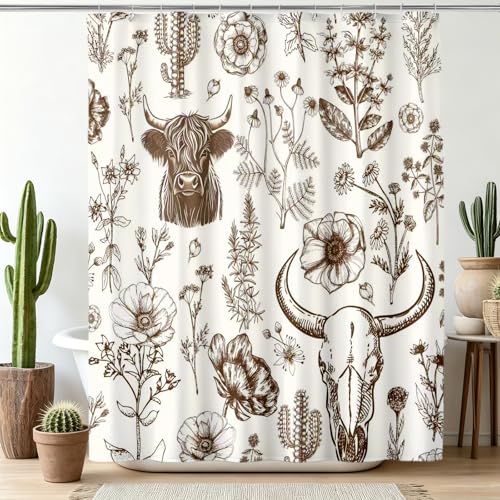 Wild West Bull Skull Shower Curtain Western Cactus Cow with Flowers Shower Curtains Brown Southwestern Bathroom Shower Curtain Set Bohemian Farmhouse Nature Bathroom Home Decor 72X72 inches - color: Brown Cream