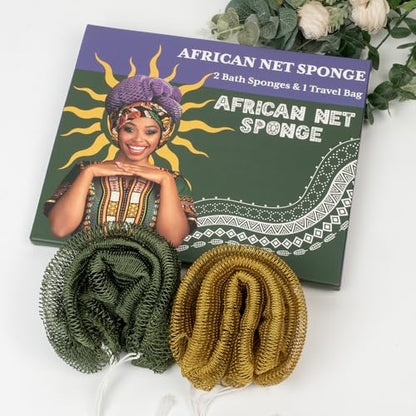 Bathway African Net Sponge Authentic with Handles (Set of 2), African Exfoliating Net Sponge, Exfoliating Body Scrubber Bath Sponge - Bathing Accessories with Storage Bag (Army Green & Olive Green) - color: Army Green & Olive Green