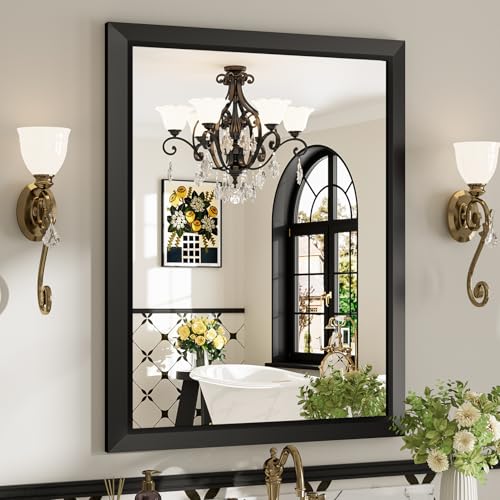 28x36 Inch Black Bathroom Mirror for Wall, Beveled Framed Rectangle Bathroom Vanity Mirrors for Over Sink, Bedroom, Living Room, Entryway, Anti-Rust, HD Tempered Glass, Horizontally/Vertically - size: 28"L x 36"W