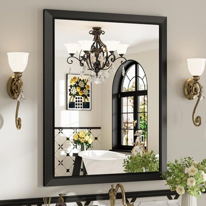 28x36 Inch Black Bathroom Mirror for Wall, Beveled Framed Rectangle Bathroom Vanity Mirrors for Over Sink, Bedroom, Living Room, Entryway, Anti-Rust, HD Tempered Glass, Horizontally/Vertically - size: 28"L x 36"W
