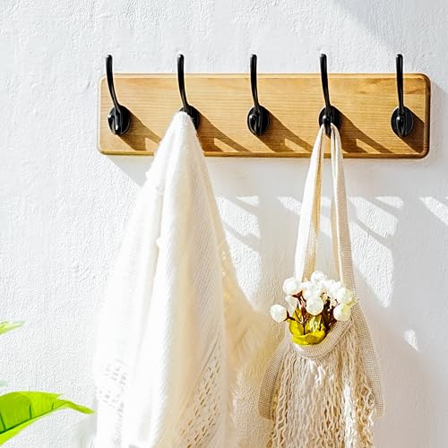 Coat Rack Wall: Patented, Heavy-Duty, 17.4" Long 5-Double-Hooks Wooden Wall Mounted Coat Rack Coat Hanger Hook Rail for Winter Coats Hat Jacket Clothing, Weathered Brown - color: Weathered Brown & Black, size: L=17.4" (1pcs)