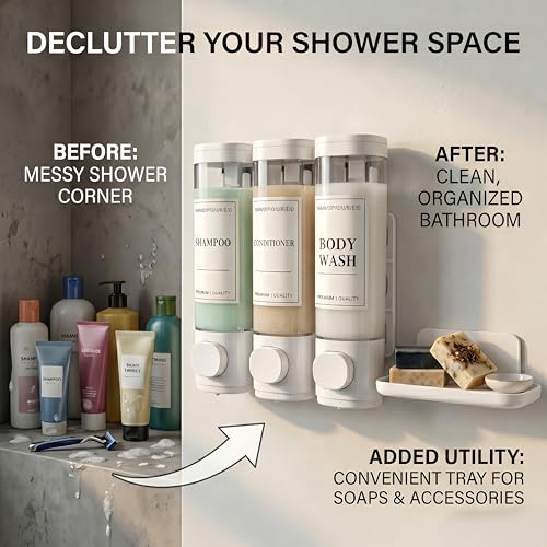 Shampoo and Conditioner Dispenser, Wall-Mounted Shower Soap Dispenser, 3 in 1 No Drill Wall Mounted Soap Dispenser, Large Capacity Triple Refillable Bottles for Bathroom, Hotel, Gym (White)