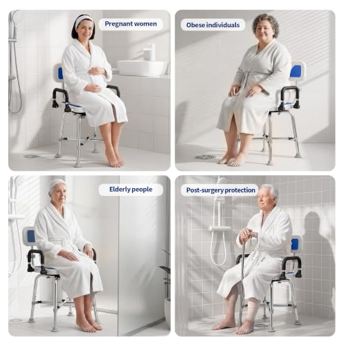 360° Swivel Shower Chair, 500 lbs Capacity, Height Adjustable | Swivel Shower Chair with Arms and Backrest for Elderly, Disabled or Bariatric Adults, for Shower & Bathtub Seat