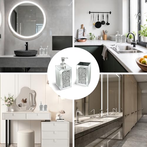 2Pcs Silver Bathroom Set, Mirror Finish & Diamond Accent Soap Holder,Modern | High polish mirror glass, sparkling diamond accents, sleek silhouette, stain proof surface, easy to clean, generous capacity - color: Silver