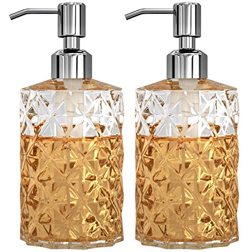 Soap Dispenser, 2 Pack, 12 Oz, Clear Diamond Design Glass | Refillable Hand Soap Dispensers, 304 Rust Proof Stainless Steel Pump, For Kitchen, For Bathroom, Lotion Dispensers
