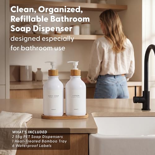 MaisoNovo Soap Dispenser Bathroom Set of 2-16.9 oz Bathroom Soap Dispenser Set - White Plastic Bottles x 2 with White Bamboo Pumps & Tray - color: White Bottles White Pumps