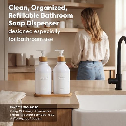 MaisoNovo Soap Dispenser Bathroom Set of 2-16.9 oz Bathroom Soap Dispenser Set - White Plastic Bottles x 2 with White Bamboo Pumps & Tray - color: White Bottles White Pumps