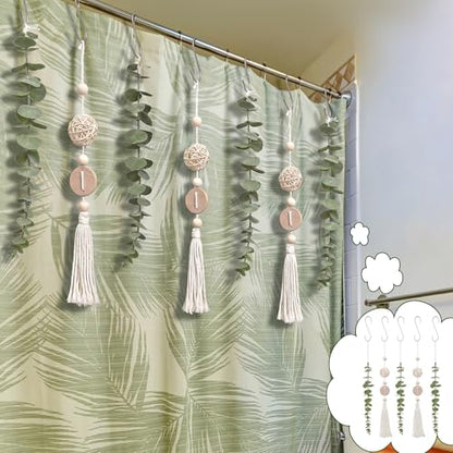Set of 12 Boho Eucalyptus Shower Curtain Hooks Rings Rustic Farmhouse Decor Rustproof Metal Decorative Hanger Set for Home Bathroom Bedroom Baby Room Curtain Decor (Rattan) - style: Rattan