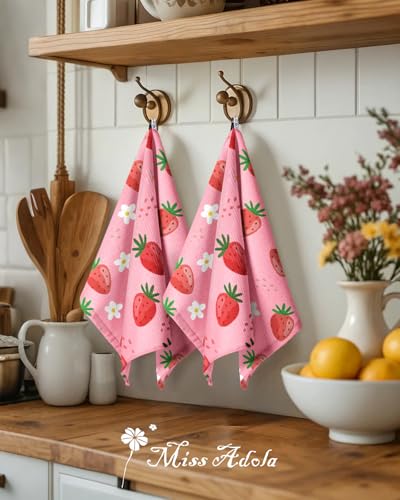 2pcs Cotton Waffle Kitchen Towels, Strawberry | Waffle Weave, Terry Cloth, Pure Cotton, Sustainable, 16"x26", Highly Absorbent, with Hanging Loop, Giftable Package - color: Strawberry