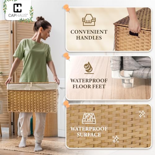 CAPHAUS Laundry Basket with Lid & Handles, Foldable Clothes Hamper, Large 65L Synthetic Rattan Storage Bin with 2 Removable Liner Bags, Collapsible Laundry Hamper, Brown - color: Brown, size: 17.2 Gal (65L)