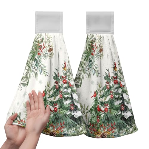 Christmas Tree Hanging Hand Towels Set of 2 Winter Cardinal Snow Xmas Pine Trees Kitchen Towels with Hanging Loop Nature Forest Dish Towel Soft Absorbent Bath Tie Towel for Bathroom Farmhouse Decor - color: Christmas Tree-b