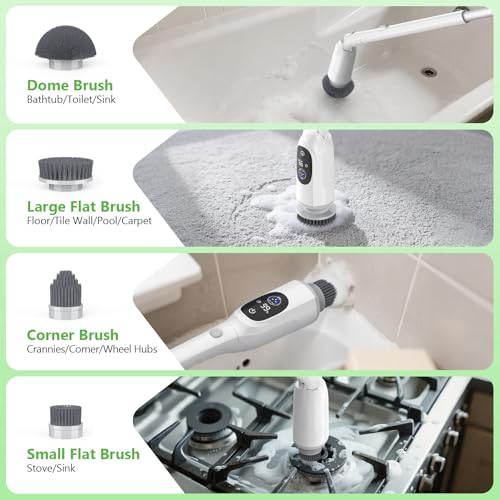Electric Spin Scrubber, Bathroom Scrubber with Aluminum Alloy Handle | 3H Work Time, Cordless Cleaning Brush with 3-Speed, IPX7 Waterproof, 8 Brush Heads for Tile, Tub, Floor, Toilet, Grout