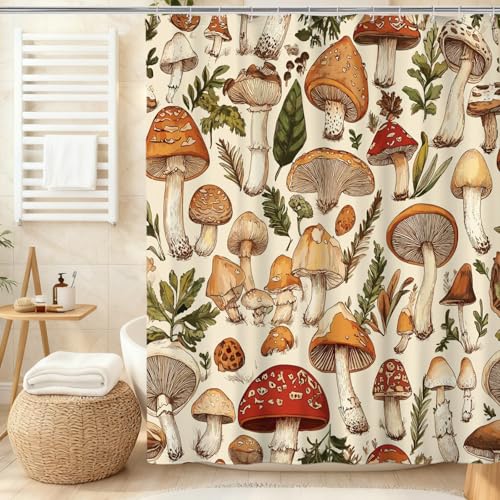 Mushroom Groovy Shower Curtain, Retro Botanical Plant Shower Curtains for Bathroom, Vintage Boho Waterproof Polyester Fabric Shower Curtain Set with Hooks, 72 x 72 inches Bathroom Decor - color: Orange