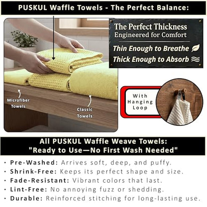 PÜSKÜL Natural 100% Turkish Cotton Waffle Towels Set of 4-Piece, L.-Yellow | 2-Bath sheet (Extra-large 32x63") and 2-Hand towel (Large 32x16"). Premium honeycomb-waffle weave, oeko-tex made in Turkiye. - color: Light Yellow