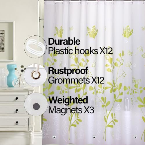 Plastic Shower Liner - Premium PEVA 4G Shower Curtain Liner with Rustproof Grommets and 3 Weighted Magnets, Waterproof Shower Curtains for Bathroom (Green Butterfly) - color: Green Butterfly, size: 71"W x 71"L (Pack of 1)