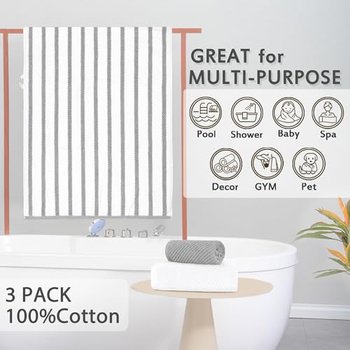 VOOVA & MOVAS Stripe 3PC Towel Set, 100% Cotton, Grey | 1 Stripe Large Bath 30x54 In,1 White Hand 18x28 In,1 Grey Washcloth 13x13 In, Quick Dry, Thick, Dorm Room Essentials - color: Grey+white Stripe, size: 3 PC Bathroom Towel Set