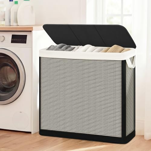 STO STO Laundry Hamper 3 Section with Lid, 180L Large 3 Compartment Laundry Sorter, Laundry Basket with Removable Washable Liner Bag, Breathable Clothes Hamper for Bedroom Bathroom Laundry Room Closet - size: 3-Section