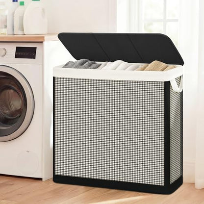 STO STO Laundry Hamper 3 Section with Lid, 180L Large 3 Compartment Laundry Sorter, Laundry Basket with Removable Washable Liner Bag, Breathable Clothes Hamper for Bedroom Bathroom Laundry Room Closet - size: 3-Section