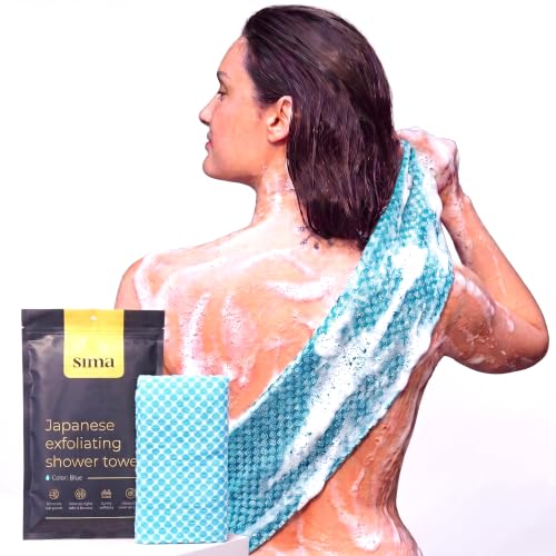 Exfoliating Washcloth Face & Body Scrub Towel - Japanese Exfoliating Towel with Hexagon Fibers, Body Scrubber with 2 Sides for Scrubbing & Washing, Extra Long Body Towels (Blue) | Japanese Exfoliating Washcloth with Hexagon Fibers, 2 Sides for Scrubbing &