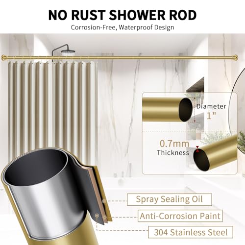 ZYRW Shower Curtain Rod 36-84 Inches (3-7ft) Non Rust Adjustable Shower Rod Spring Tension Non Slip No Drilling Stainless Steel Shower Rods for Bathroom Window - color: Brushed Gold, size: 36"-84"