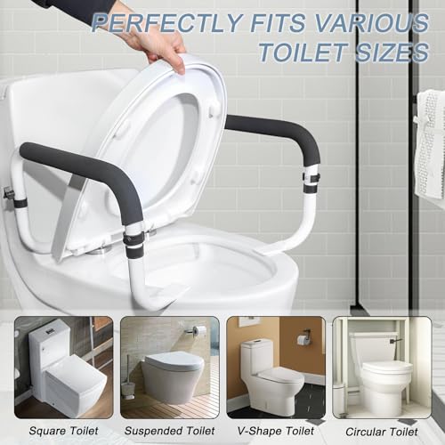 Toilet Safety Rails for Seniors, 17-21 in Width, 350 lb Capacity | Fits standard and elongated toilets; non-slip foam grips and tool-free setup using existing seat bolts. - color: Black/White