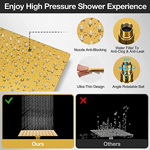 8" High Pressure Square Rain Shower Head And All Metal Handheld Shower, Equipped With 78"Hose, 3 Way Diverter Valve,Adhesive Shower Head Holder, Luxury Shower Combo - color: Gold, size: 8