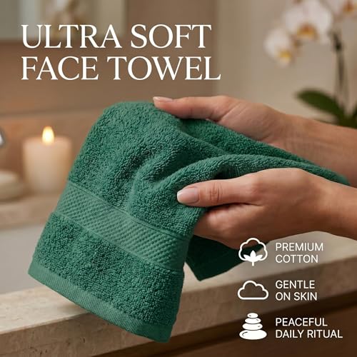 Sofea 100% Cotton Washcloths Set of 12, (12 x 12 Inch) 520 GSM Wash Cloths, Extra Soft Absorbent Quick Dry Face Towels - color: Forest Green