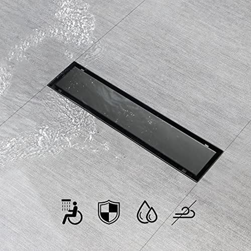 SaniteModar Linear Shower Drain 12 inch Matte Black with Tile Insert Panel | AISI 304 Stainless Steel Black Linear Dain Rectangle Shower Floor Drain with Hair Strainer and Leveling Feet - color: Black Tile Insert Grate, size: 12 Inch