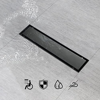 SaniteModar Linear Shower Drain 12 inch Matte Black with Tile Insert Panel | AISI 304 Stainless Steel Black Linear Dain Rectangle Shower Floor Drain with Hair Strainer and Leveling Feet - color: Black Tile Insert Grate, size: 12 Inch