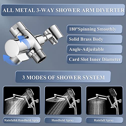 Shower Head with Handheld, 12 Inch Dual Shower Head with Extention Arm, High Pressure Rain Shower Heads, Rainfall Waterfall Showerhead with 3-Way Diverter - Height/Angle Adjustable(Chrome) - color: Chrome, size: 12 Inch