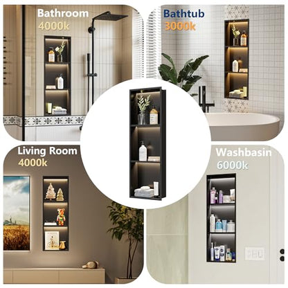 Matte Black 3-Tier 3CCT LED Niche, 12"x36" No-Tile Shower Storage | shower niche with 3-Temperature LED Strip Light (4000K/6000K/3000K),Waterproof, Sturdy&Durable,304 Stainless Steel Wall Niche - color: Matte Black, size: 12X36In