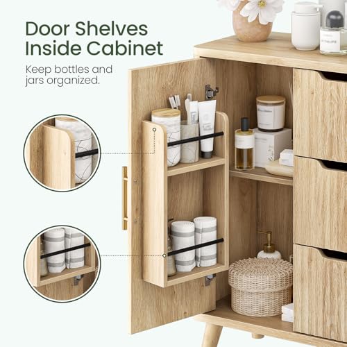CHOEZON Bathroom Cabinet, Fluted Bathroom Storage Cabinet, Freestanding Floor Cabinet with Door Shelves, Drawers & Adjustable Shelf, Modern Bathroom Organizer for Bathroom, Kitchen, Natural