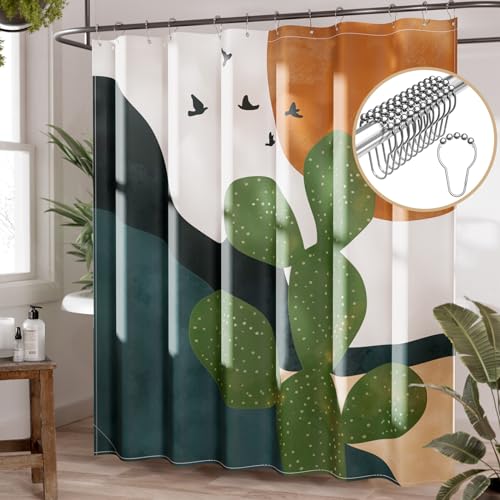 AmazerBath Boho Shower Curtain, 72x72 Washable Cloth Sage Cactus Shower Curtains for Bathroom, Fabric Rustic Neutral Shower Curtain Set with Hooks, Abstratic Modern Camper RV Dorm Stall Shower Curtain - color: C- Oasis Cactus+12 Metal Hooks, size: 72"W x