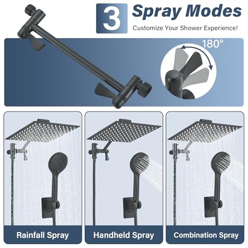 Matte Black Shower Head, High Pressure Rainfall 10 Inch Shower Head/Handheld Showerhead Combo with 10" Extension Arm, Height/Angle Adjustable