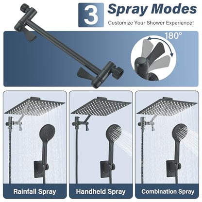 Matte Black Shower Head, High Pressure Rainfall 10 Inch Shower Head/Handheld Showerhead Combo with 10" Extension Arm, Height/Angle Adjustable