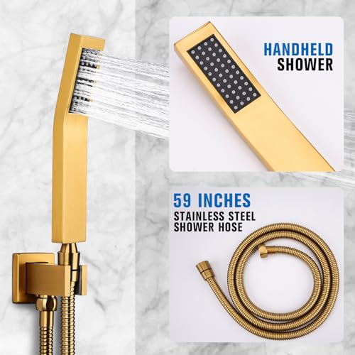 12 Inch Rainfall Shower System with Tub Spout Wall Mounted Complete Combo with Solid Brass Pressure Balancing Valve, High Pressure Shower Head, Handle Set & Installation Accessories - color: Brushed Gold