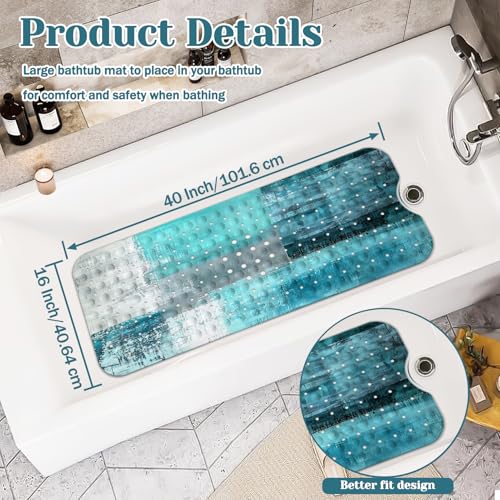 Bath Tub Mat Non Slip, Abstract Non Slip Bath Mat for Shower, Large Washable Shower mats for Showers with Drain Holes and Suction Cups,40 X 16 Inch (Turquoise Abstract) - color: Turquoise Abstract