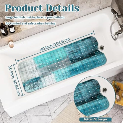 Bath Tub Mat Non Slip, Abstract Non Slip Bath Mat for Shower, Large Washable Shower mats for Showers with Drain Holes and Suction Cups,40 X 16 Inch (Turquoise Abstract) - color: Turquoise Abstract
