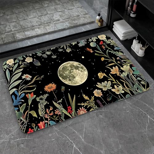 Bath Mat-Bathroom Rug，Moon Surrounded by Wildflowers-Absorbent Non Slip Quick Dry Stain Resistant Easy to Clean Care Shower Rug for Bathtub Shower Room 17×27.5Inch (43 * 70cm) - color: Moon Surrounded By Wildflowers-, size: 17 x 27.5 inches