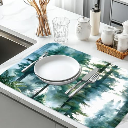 1Pc Pine Tree Dish Drying Mat 23.6x17.7 Inch/60x45cm Microfiber Polyester Cotton Forest Absorbent Countertop Pad Heat Resistant Coffee Bar Station Mat With Hanging Loop Green - style: Forest