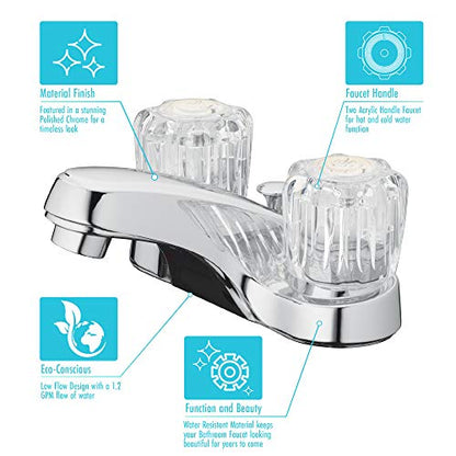 Two-Handle Bathroom Sink Faucet, Chrome, Acrylic Handles | 1.2 GPM Flow, 3-Hole, Low-Arc Spout, Washerless Cartridge, Brass Shanks, Pop-Up Drain Included, Double Handle Faucet - color: Polished Chrome with Acrylic Round Knobs, size: (Pack of 1)
