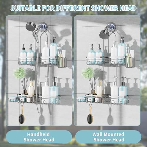 KEGII Hanging Shower Caddy for Handheld Showerheads, Silver | Rustproof Over Showerhead Organizer with Soap Dish, Toothbrush Holder and Hooks for Bathroom Shower Storage - style: Silver – 2-Tier Hanging Shower Caddy