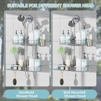 KEGII Hanging Shower Caddy for Handheld Showerheads, Silver | Rustproof Over Showerhead Organizer with Soap Dish, Toothbrush Holder and Hooks for Bathroom Shower Storage - style: Silver – 2-Tier Hanging Shower Caddy