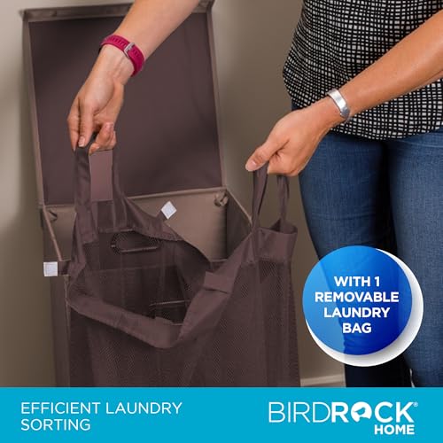 BirdRock Home Single Laundry Hamper with Lid and Removable Liner | Linen | Easily Transport Laundry | Foldable Hamper | Cut Out Handles - color: Brown, style: Single