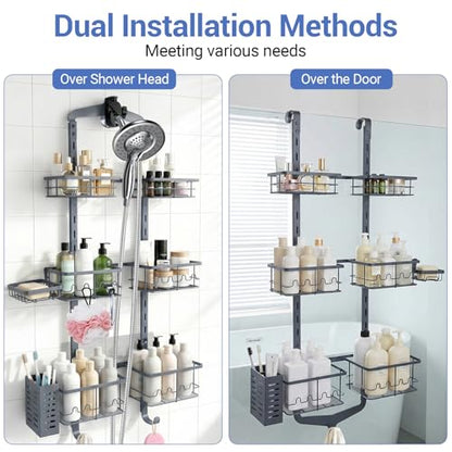 Extra Large Shower Caddy Hanging, Rust-Resistant Shower Organizer Hanging,3 Tier Height-Adjustable Over the Head Caddy,Rack with Soap Basket (Gray) - color: Gray