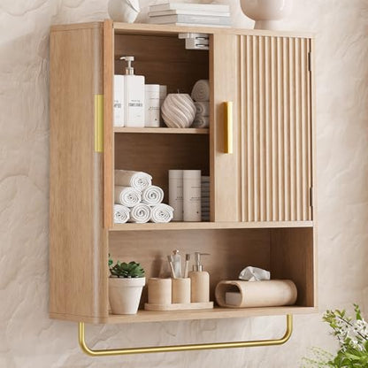 Bathroom Wall Cabinet, Medicine Cabinet with Fluted Door & Adjustable Shelf | Over The Toilet Storage Cabinet with Towel Bar, Space-Saving Cabinet Wall Mount for Laundry Room, Kitchen, Living Room - color: Natural Oak
